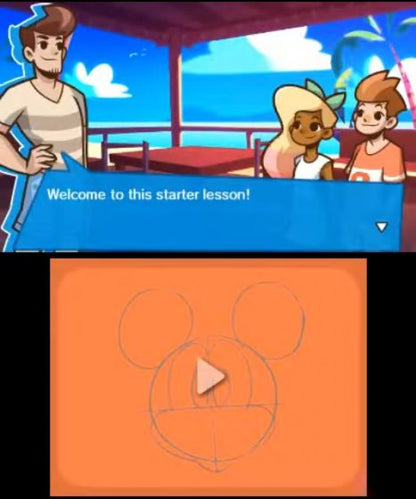 Disney Art Academy for Nintendo 3DS drawing tutorial game featuring Disney and Pixar characters art lessons creative sketching tools and step by step painting gameplay