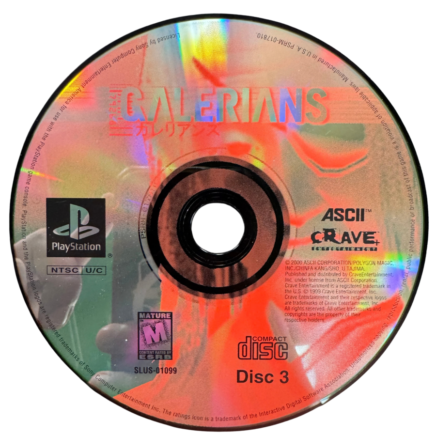 Galerians Complete In Box CIB Sony PlayStation PS1 video game featuring survival horror action gameplay psychic abilities Rion character exploration dark environments enemy encounters puzzle solving story driven adventure and classic 32 bit PlayStation gameplay retro video game collection collectible gaming appeal disc 3