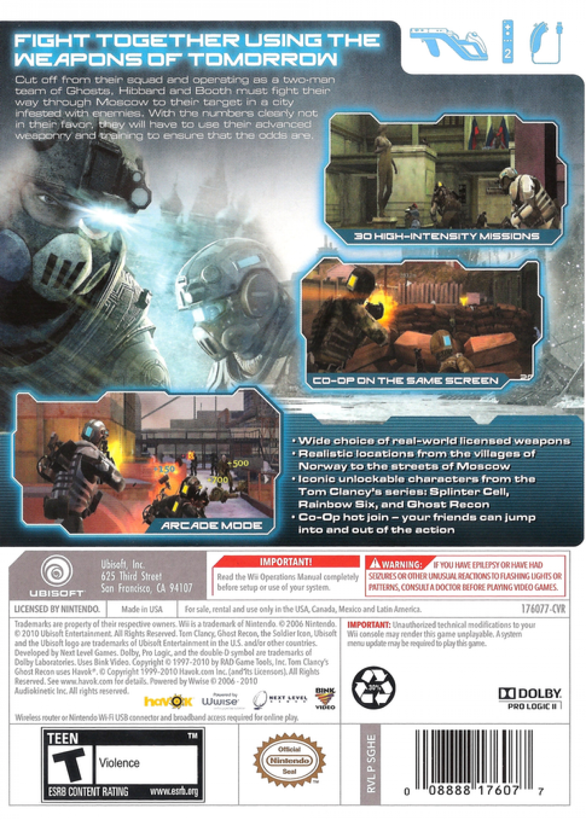 Tom Clancy’s Ghost Recon back cover art for Nintendo Wii (Wii) featuring tactical squad‑based combat, motion‑controlled shooting, and missions set in modern military operations.