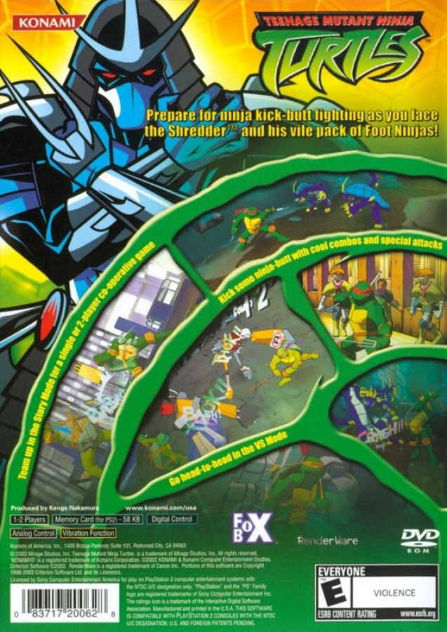 Teenage Mutant Ninja Turtles – PlayStation 2 (PS2) video game back of case, action beat 'em up.