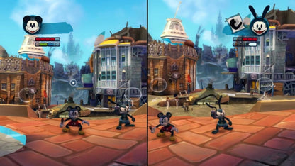 Disney Epic Mickey 2 The Power of Two PlayStation 3 action-adventure platformer video game Mickey Mouse and Oswald the Lucky Rabbit cooperative gameplay Wasteland setting paint thinner brush mechanic moral choices voice acting Junction Point Studios Disney characters splitscreen gameplay screenshot