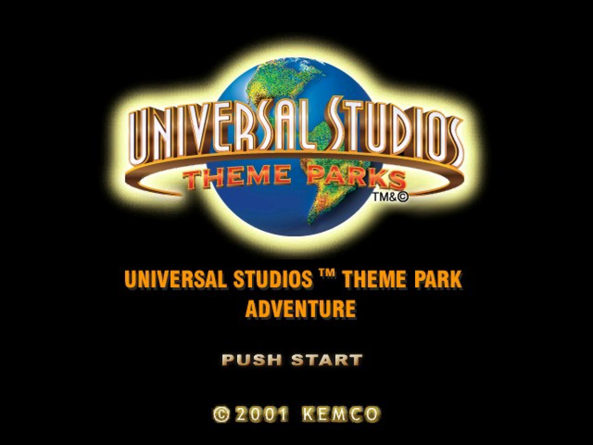 Universal Studios Theme Parks Adventure GameCube GC video game, adventure mini-games, theme park exploration, family-friendly, Nintendo GameCube title main menu