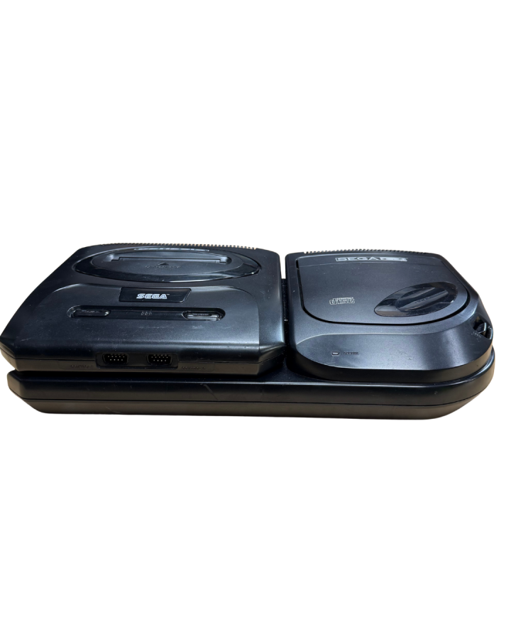 Front view of the Model 2 Sega Genesis console connected to the Model 2 Sega CD with cartridge slot and disc tray visible