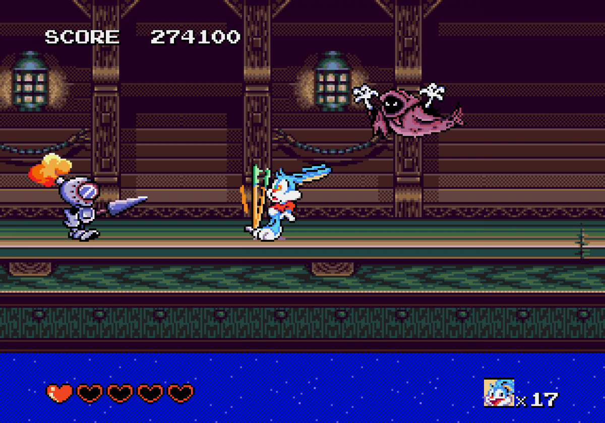 Tiny Toon Adventures Busters Hidden Treasure retro Sega Genesis video game featuring side scrolling platform gameplay, cartoon character action, obstacle challenges and classic Genesis entertainment - gameplay
