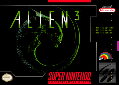Alien 3 Super Nintendo Entertainment System SNES video game featuring sci fi action platforming gameplay Ellen Ripley character Xenomorph alien battles rescue missions prisoner survival pulse rifle combat flamethrower weapons hostile space colony environments timed challenges and classic 16 bit Nintendo action horror gameplay retro video game collection collectible gaming appeal front cover art