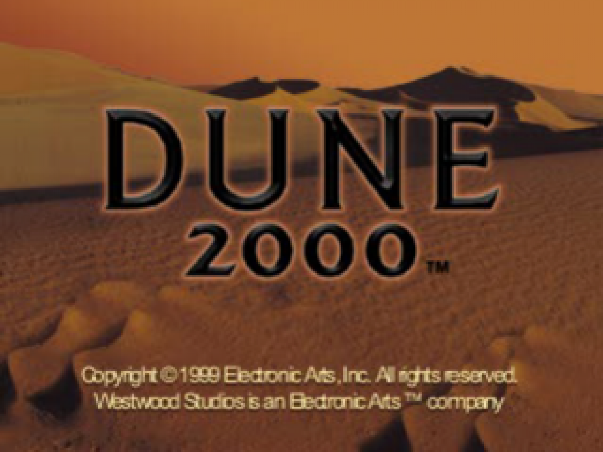 Dune 2000 PS1 PlayStation 1 real time strategy game base building resource management sci fi warfare desert planet combat retro video game title screen