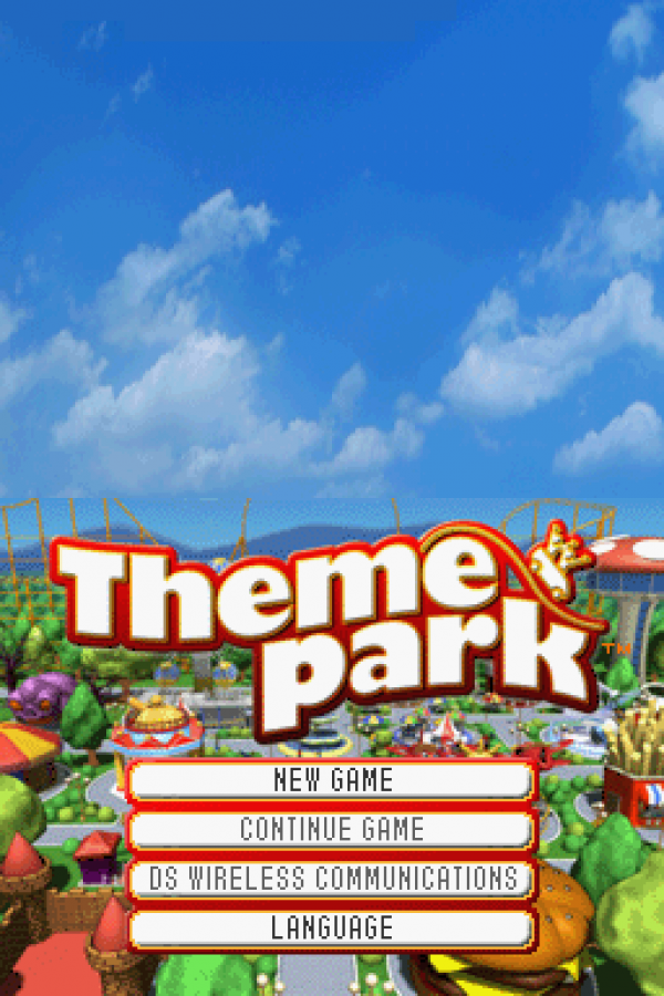 Theme Park Nintendo DS video game, simulation and management, amusement park building and strategy, handheld console title main menu title screen