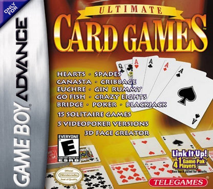 Ultimate Card Games for Game Boy Advance, cover image for a card game collection video game with classic card games, multiplayer gameplay, strategy challenges, and casual tabletop-style fun