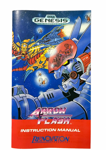 Arrow Flash Sega Genesis video game cartridge classic 16 bit shoot em up action game for retro gaming collectors Sega fans vintage video game enthusiasts Genesis game collection classic video games and retro gaming fans manual
