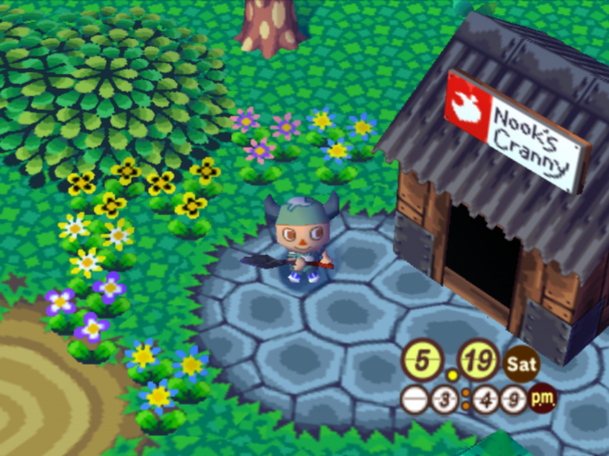 Animal Crossing GameCube life simulation video game Nintendo village living animal neighbors fishing bug catching fossil hunting Tom Nook shop real-time clock social interaction gameplay screenshot
