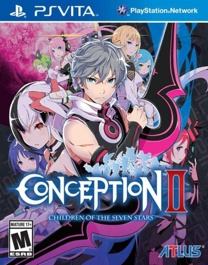Conception II Children of the Seven Stars game for the PlayStation Vita featuring dungeon crawling RPG gameplay with turn based combat social simulation elements character bonding systems and anime style storytelling set in a fantasy academy world cover art
