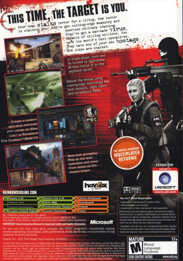 Tom Clancy's Rainbow Six: Lockdown back cover art for Xbox (XBOX) video game