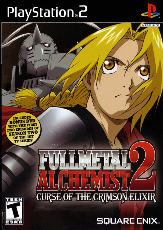 Retro Fullmetal Alchemist 2 Curse of the Crimson Elixir PS2 inspired design featuring anime action RPG aesthetic vintage PlayStation 2 alchemy powered combat Edward Elric Alphonse Elric fantasy steampunk adventure cinematic battles nostalgic anime game presentation cover art 