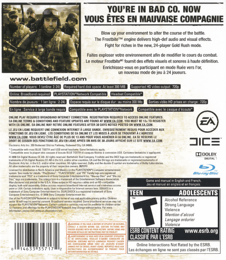 Battlefield: Bad Company back cover art for PlayStation 3 (PS3) video game