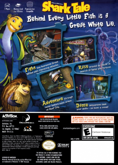 Shark Tale back cover art for GameCube game featuring family-friendly action adventure gameplay based on the animated movie