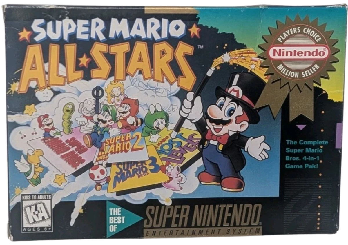 Super Mario All-Stars [Player's Choice] – Super Nintendo Entertainment System (SNES) cover art for retro platformer video game