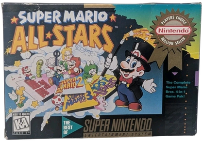 Super Mario All-Stars [Player's Choice] – Super Nintendo Entertainment System (SNES) cover art for retro platformer video game