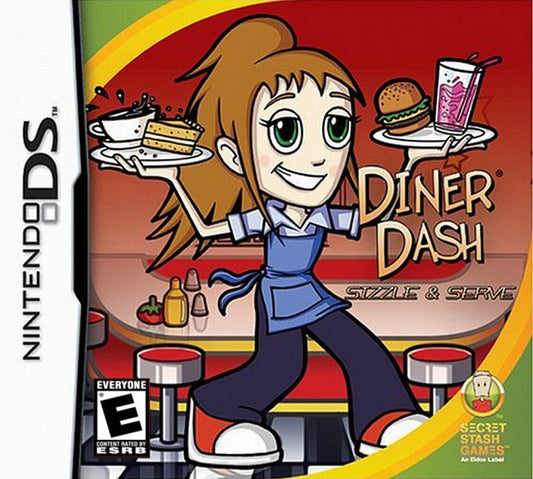Diner Dash for Nintendo DS time management simulation video game featuring fast paced restaurant gameplay customer service challenges stylus controls and casual handheld gaming experience front cover
