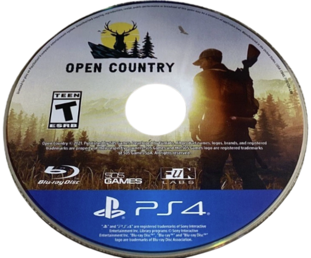 Open Country – PlayStation 4 (PS4) video game disc, outdoor survival and hunting adventure in wilderness backdrop