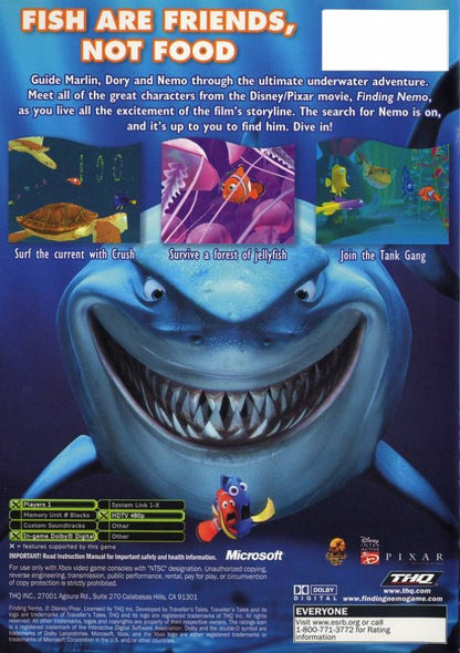 Video game back box cover art for 'Finding Nemo' with a shark character bruce and underwater scene.