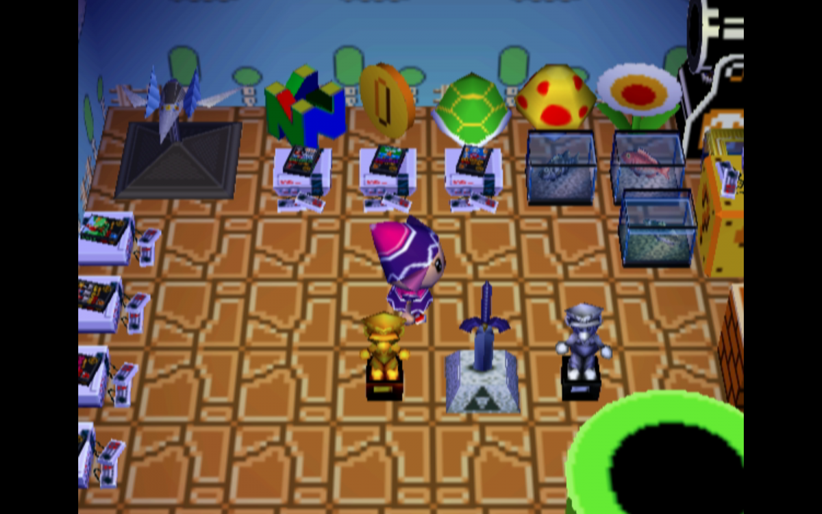 Animal Crossing GameCube life simulation video game Nintendo village living animal neighbors fishing bug catching fossil hunting Tom Nook shop real-time clock social interaction gameplay screenshot