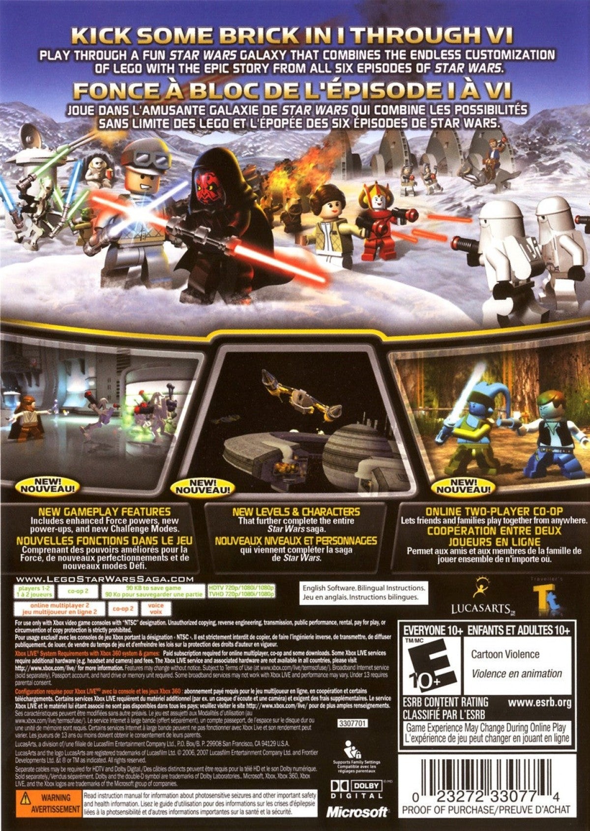 LEGO Star Wars The Complete Saga game featuring action adventure gameplay with LEGO style humor covering Episodes I through VI with character switching puzzle solving cooperative multiplayer and exploration across iconic Star Wars locations back cover