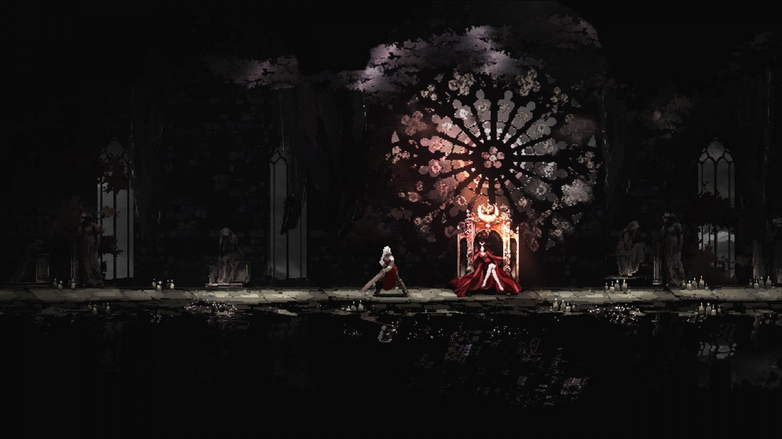 Moonscars Nintendo Switch inspired design featuring dark fantasy action platformer aesthetic gothic pixel art visuals brutal combat mysterious alchemical world atmospheric exploration challenging boss battles haunting metroidvania gameplay presentation gameplay