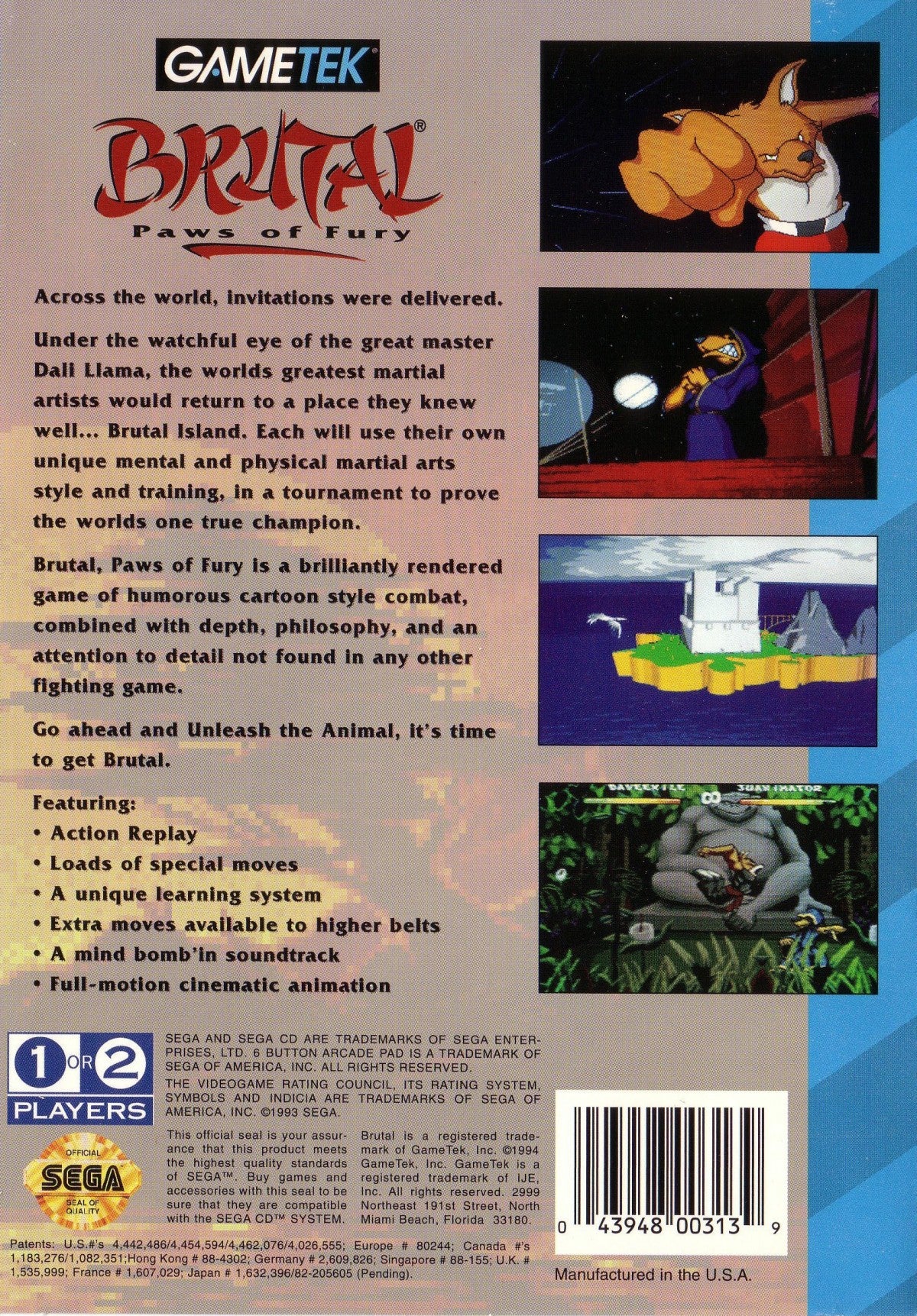 Brutal Paws of Fury Sega CD fighting game anthropomorphic animal martial artists one on one arcade combat cartoon style characters combo attacks versus multiplayer GameTek retro gaming Sega CD software video game title back cover art