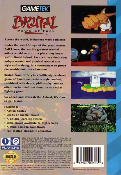 Brutal Paws of Fury Sega CD fighting game anthropomorphic animal martial artists one on one arcade combat cartoon style characters combo attacks versus multiplayer GameTek retro gaming Sega CD software video game title back cover art