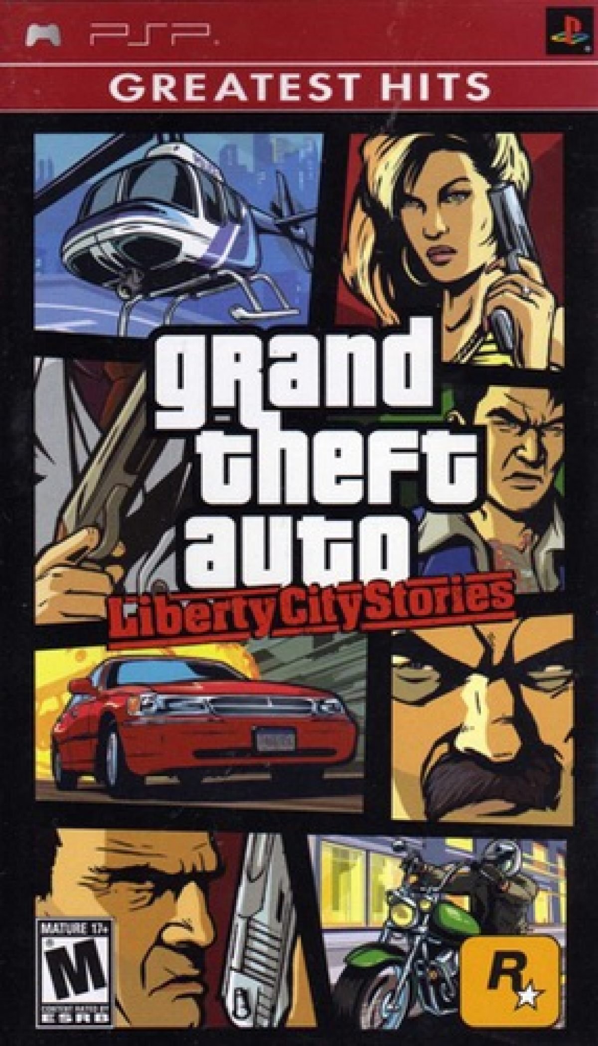 Cover of 'Grand Theft Auto: Liberty City Stories Greatest Hits' for PSP, featuring characters and graphics.