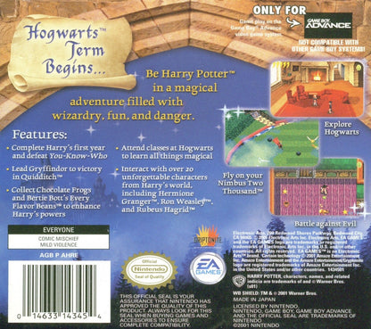 Harry Potter and the Sorcerers Stone Game Boy Advance GBA action-adventure video game based on the first film book top-down perspective spell casting potion making puzzle solving and exploring Hogwarts back cover