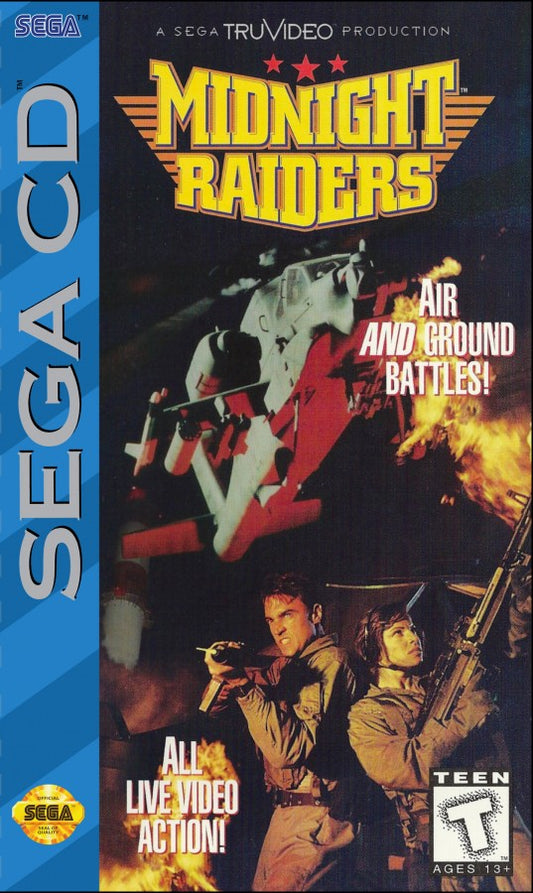 Midnight Raiders Sega CD full motion video FMV arcade style helicopter combat game modern military action night missions shooting bombing runs interactive movie gameplay cinematic cutscenes retro gaming Sega CD software video game title cover art
