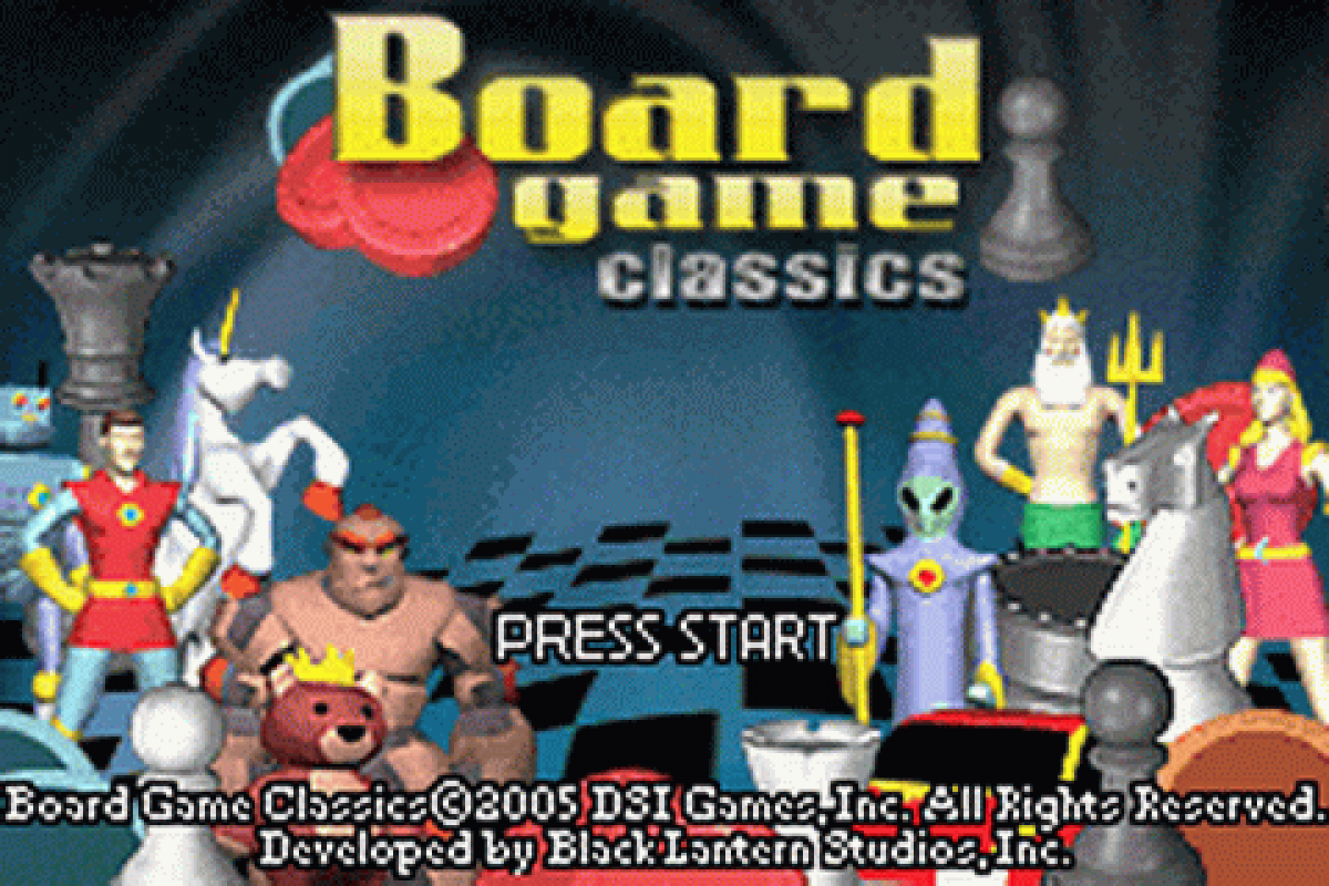Board Game Classics for Game Boy Advance (GBA), title screen for a retro video game featuring digital board game adaptations, strategy gameplay, multiplayer modes, and classic tabletop challenges