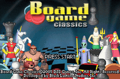 Board Game Classics for Game Boy Advance (GBA), title screen for a retro video game featuring digital board game adaptations, strategy gameplay, multiplayer modes, and classic tabletop challenges
