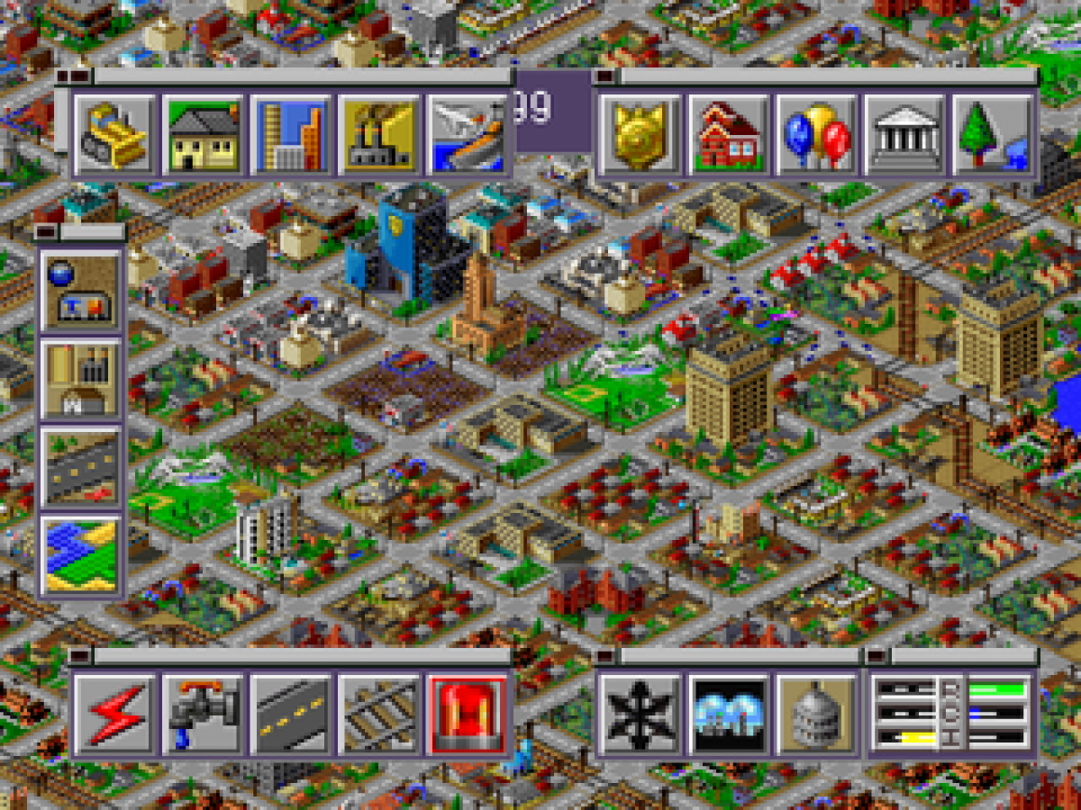 SimCity 2000 for PlayStation 1, gameplay for a city-building simulation video game with urban planning, resource management, infrastructure development, and classic strategy gameplay