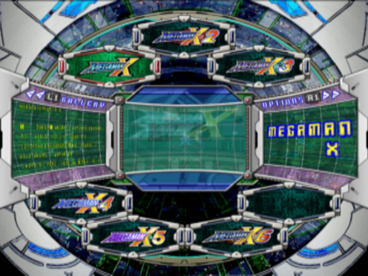 Mega Man X Collection PlayStation 2 (PS2) game menu showing classic characters and bold retro graphics.