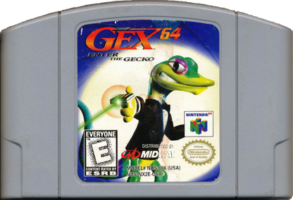 Gex 64 Enter the Gecko Nintendo 64 N64 for 3D platforming video game fans featuring Gex the gecko television themed levels collectible remotes platforming challenges enemy battles unique environments power ups and classic Nintendo 64 gameplay collectible gaming appeal game cartridge