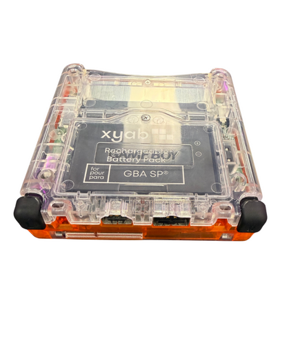 Custom Orange Game Boy Advance SP (GBA SP) handheld console featuring the classic folding clamshell design, rechargeable battery, front‑lit/bright screen (AGS‑001/AGS‑101 depending on mod), and a translucent/orange custom shell replacement — a popular aftermarket mod for collectors and gamers who want a unique look for their retro portable system back charging ports