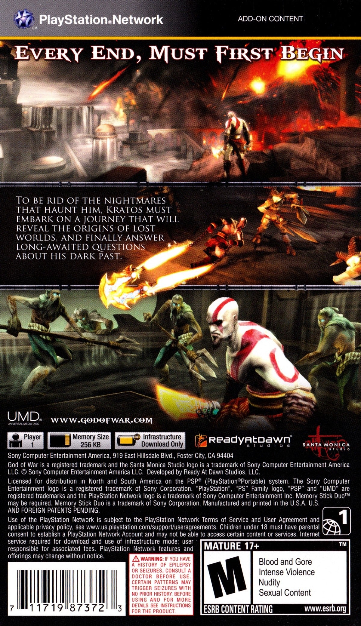 God of War Ghost of Sparta PlayStation Portable PSP action-adventure hack and slash video game prequel to the God of War series featuring Kratos combat magic upgrades and the Arms of spear and shield developed by Ready at Dawn exclusive Sony handheld epic cinematic Greek mythology quest back cover