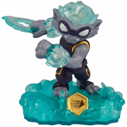 Freeze Blade Skylanders Swap Force figure, water element warrior with icy blades, blue armor and spinning lower body, posed in attack stance, detailed collectible toy on portal base from Skylanders Swap Force series