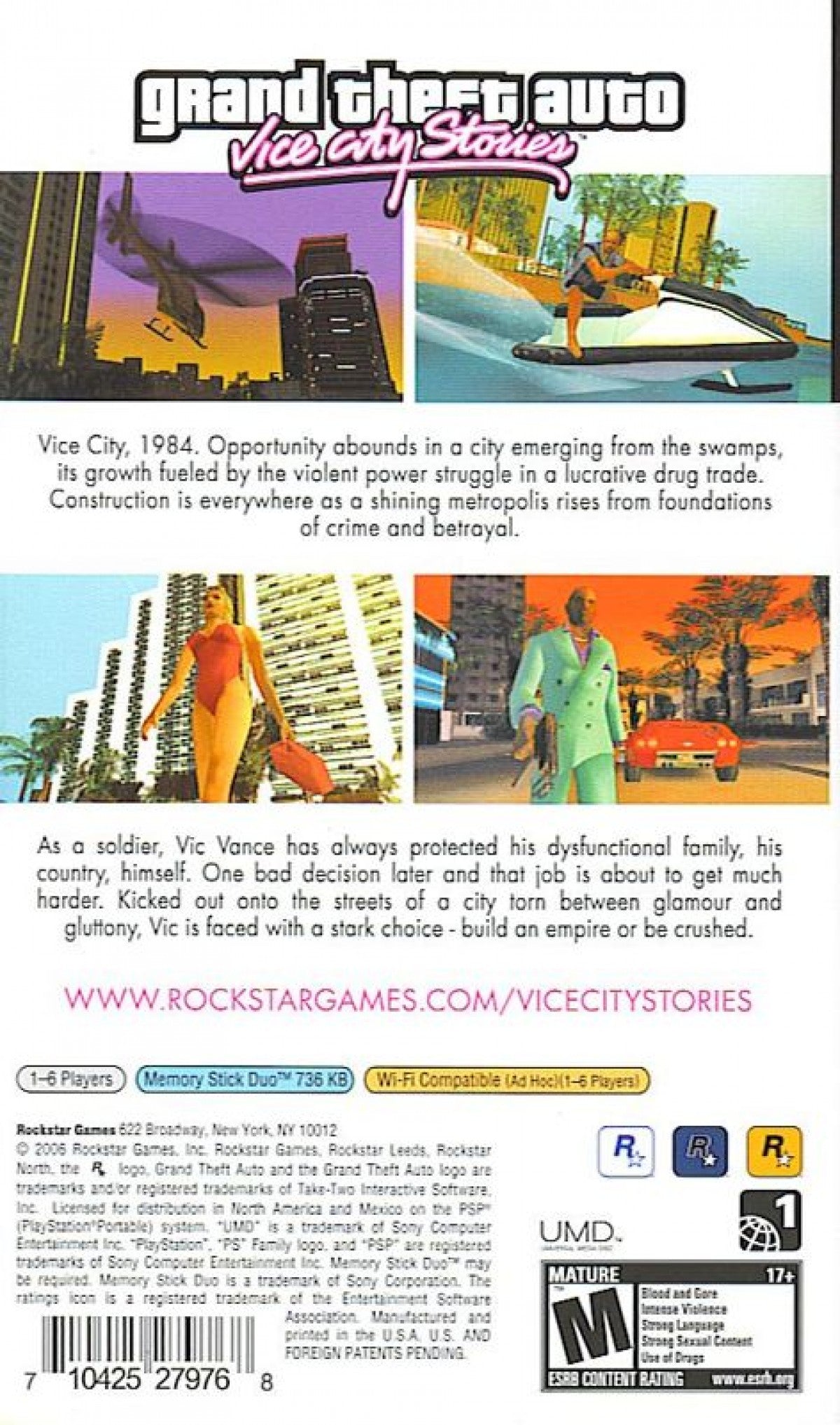 Grand Theft Auto Vice City Stories PSP GTA Vice City Stories PlayStation Portable UMD Rockstar Games open world crime sandbox action adventure Miami 1980s neon city retro handheld video game authentic Sony PSP classic GTA series collectible gaming title back cover art