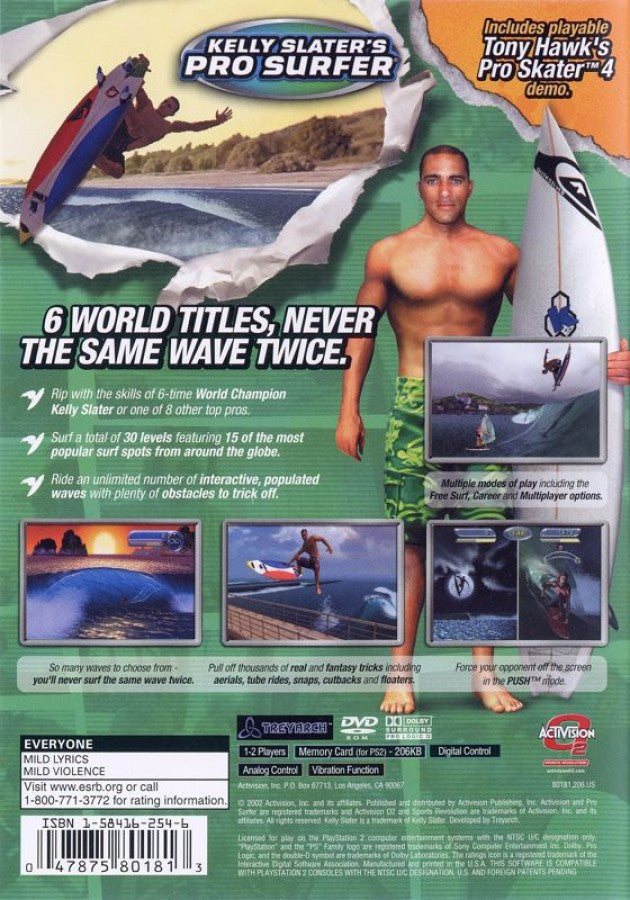 Kelly Slater's Pro Surfer back cover art for PlayStation 2 (PS2) surfing video game. 