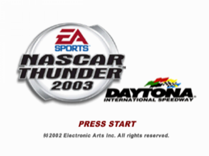 NASCAR Thunder 2003 PlayStation 1 PS1 video game, stock car racing simulation, official NASCAR teams and tracks, console racing title main menu title screen