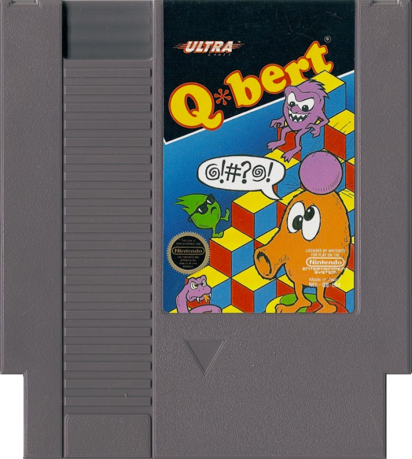 Q*bert cartridge for the Nintendo Entertainment System featuring 8 bit arcade puzzle action with isometric hopping gameplay changing cube colors while avoiding enemies and obstacles cartridge