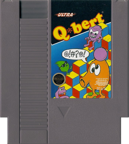 Q*bert cartridge for the Nintendo Entertainment System featuring 8 bit arcade puzzle action with isometric hopping gameplay changing cube colors while avoiding enemies and obstacles cartridge