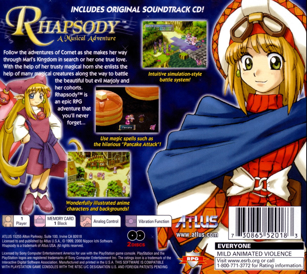 Back cover art for Rhapsody A Musical Adventure PlayStation 1 game featuring turn-based RPG gameplay with musical storytelling and anime-style visuals 