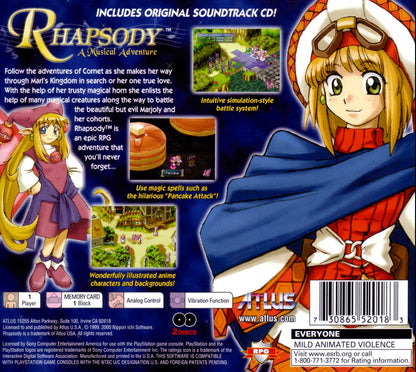 Back cover art for Rhapsody A Musical Adventure PlayStation 1 game featuring turn-based RPG gameplay with musical storytelling and anime-style visuals 