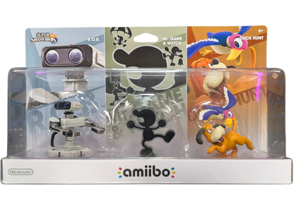 Retro 3 Pack Amiibos [Sealed] for Nintendo Amiibo featuring a collectible three figure set in original unopened packaging; scan compatible amiibo to unlock in game extras and display these retro themed characters as a sealed collector item front box