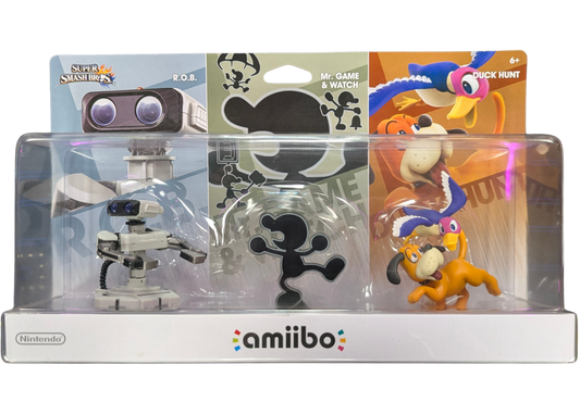 Retro 3 Pack Amiibos [Sealed] for Nintendo Amiibo featuring a collectible three figure set in original unopened packaging; scan compatible amiibo to unlock in game extras and display these retro themed characters as a sealed collector item front box
