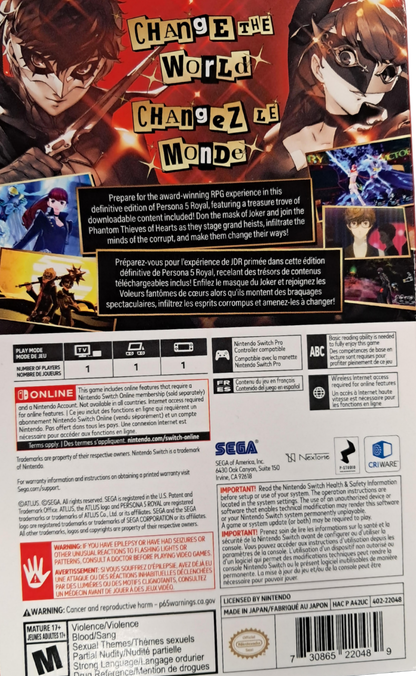 Persona 5 Royal Nintendo Switch inspired design featuring stylish JRPG life simulation aesthetic Phantom Thieves story school life exploration turn based combat supernatural palace infiltration vibrant anime visuals and character driven narrative presentation back cover